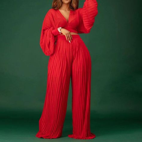 Pleated Wide Leg Pants, Wide Leg Pant Suit, Pantalon Large, Neck Crop Top, Lantern Sleeves, Long Sleeve Crop Top, Short Tops, Blue Fashion, Two Pieces