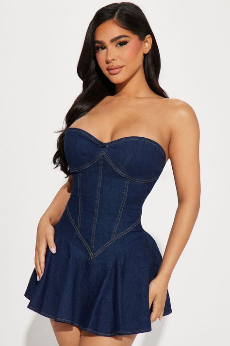 Available In Blue. Denim Micro Mini Dress Strapless Sweetheart Neckline Flower Applique Corset Waist Length=30" Disclaimer: Due To The Specialized Wash. Each Garment Is Unique. 95% Cotton 5% Spandex Lining: 95% Polyester 5% Spandex Imported | Lucy Denim Micro Mini Dress in Blue size Large by Fashion Nova All Denim Outfits For Women, Denim Corset Outfit, All Denim Outfits, Denim Dress Outfit, Mini Dress Strapless, Strapless Denim Dress, Corset Outfit, Micro Mini Dresses, Denim Outfit For Women