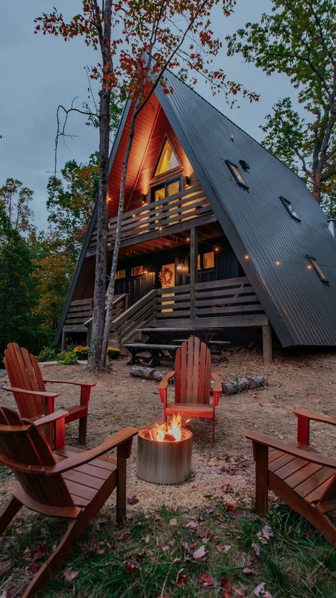 Little Mountain A-Frame | a frame cabin north carolina A Frame Two Story House, House Plans A Frame, A Frame With Porch, A Frame With Deck, A Frame Bathroom Design, A Frame With Balcony, A Frame Remodel, A Frame Cabin Loft, Black A Frame Cabin