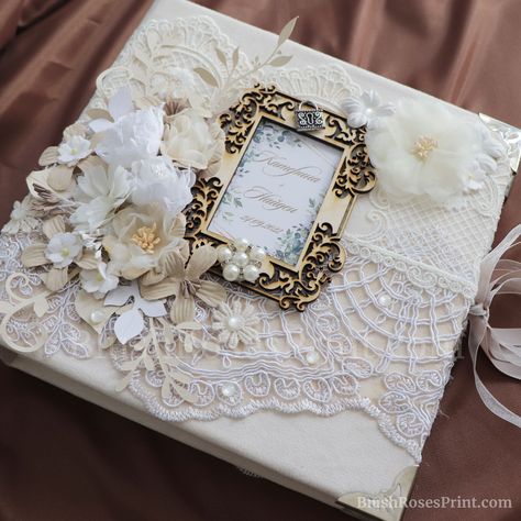 Wedding Photo Album With Lace and Vellum, Handmade Rustic Photo Book for Wedding, Ivory Flowers Photo Book, Scrapbook Wedding Photo Album, Scrap book wedding photo album with ivory lace and beige vellum. We believe that every album must be special gift for unique person, so we make every album unique and unforgettable. This album was made to order. We`ll make another one special for you. Every album is decorated individually, so there is no way to make the exactly copy same album, use exactly th Quince Photo Album, Quince Photo Album Ideas, Wedding Album Diy, Wedding Scrapbook Gift To Bride, Wedding Scrapbook Ideas Diy Inspiration, Scrapbook Wedding Album Ideas, Handmade Albums Ideas, Wedding Scrapbook Ideas Diy, Wedding Book Cover