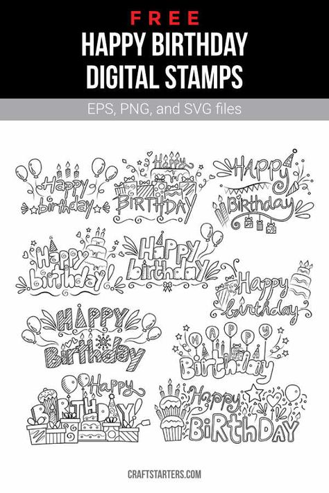 Happy Birthday Digital Art, Happy Birthday Sketch Drawing, Happy Birthday Word Art, Happy Birthday Sketch, Happy Birthday Doodle, Birthday Doodles, Happy Birthday Doodles, Digital Stamps Free, Happy Birthday Writing