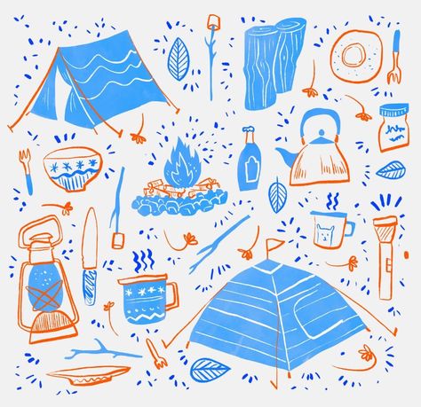 A camping - themed illustration / pattern sample. (Light version) Camping Vintage Illustration, Camping Pattern Illustration, Retro Camping Illustration, Outdoors Graphic Design, Summer Camp Graphic Design, Summer Camp Drawing, Camping Illustration Graphics, Campsite Illustration, Camping Illustration Art