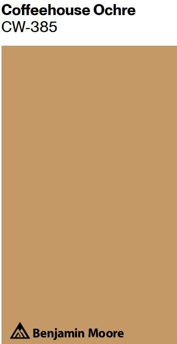 Benjamin Moore Coffeehouse Ochre paint color swatch. Benjamin Moore Ochre, Best Ochre Paint Colors, Benjamin Moore Buttercup, Benjamin Moore Gold Paint Colors, Primitive Mustard Paint Color, Caramel Wall Color, Ochre Kitchen Walls, Ochre Paint Color, Ochre Kitchen