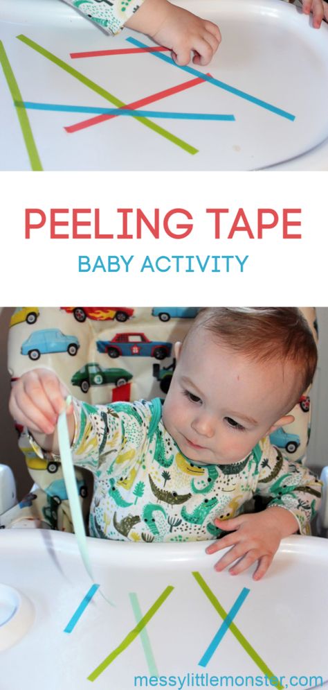 Peeling tape fine motor activity. A baby activity that is easy to set up and works on babies pincer grasp. We love easy baby activities like this! Baby Development Activities, Aktiviti Kanak-kanak, Infant Classroom, Fine Motor Activity, Baby Sensory Play, Baby Play Activities, Baby Learning Activities, Baby Activity, Baby Activities