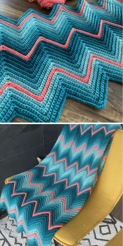 Sweet Soft Chevron Crochet Baby Blankets. When you use different colors when making a chevron blanket, the texture is even more embellished and it really pops! The project in the pictures below is really the best example for it, don’t you think? The colors look incredible together! The finished size is approximately 38×57 inches. #freecrochetpattern #blanket #throw Ripple Afghan Crochet Patterns, Teal Crochet Blanket Color Combos, Vintage Chevron Crochet Blanket Pattern, Pink And Teal Crochet Blanket, Laurie Richardson Chevron Crochet, 3 Color Crochet Afghan Patterns Free, 4 Color Blanket Crochet, Easy Two Color Crochet Blanket, Two Tone Crochet Blanket Pattern Free