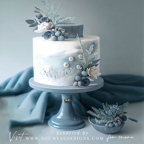 Winter Wonderland Wedding Theme, Dusty Blue Wedding Theme, Winter Wonderland Cake, Blueberry Wedding Cake | Copyright © Soumya’s Designs | Check out the FULL BLOG POST for this theme! Visit www.soumyasdesigns.com #dustybluewedding #winterwedding #rusticwedding #rusticwinterwedding #winterforestwedding #winterwonderlandparty Blue Grey Wedding Cake, Winter Wedding Cake Blue, Dusty Blue Navy Wedding Cake, Small Dusty Blue Wedding Cake, Dust Blue Wedding Cake, Dusty Blue Theme Wedding Cake, Dusty Blue Wedding Cake Rustic, Small Wedding Cakes Dusty Blue, Wedding Cake Designs Dusty Blue