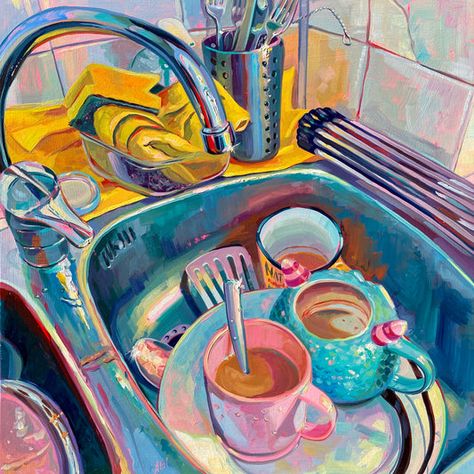 Kitchen Sink Painting, Wood Canvas Painting Ideas, Art About Childhood, Observational Painting, Sink Painting, Soup Painting, Nostalgia Painting, Kitchen Painting, Nostalgia Art