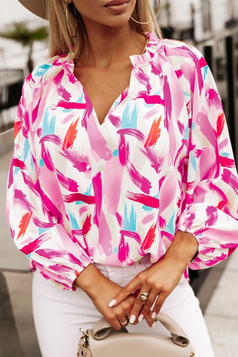 $6.4 Pink Abstract Brush Print Loose Fit Blouse Wholesale Manche, Shomiz Blouses, Puff Sleeve Pattern, Loose Fit Blouse, Balloon Sleeve Blouse, Pink Abstract, Loose Tops, Pink Blouse, Basic Style