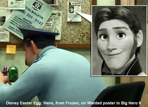 Disney movie "Easter Egg" - Hans, the villain from Frozen, on a Wanted poster in the police station in Big Hero 6. Disney Secrets, Disney Secrets In Movies, Easter Eggs In Movies, Best Disney Animated Movies, Disney Easter Eggs, Disney Theory, Disney Movies To Watch, Disney Easter, Wanted Poster