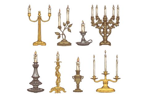 Set of candles in vintage old metal candlesticks. Antique candle holders and retro candelabrums with flame of candlelight. Vector sketch isolated illustrations. Vintage Candle Illustration, Candle Holder Tattoo, Candle Holder Drawing, Candlestick Drawing, Candle Holders Aesthetic, Candles Illustration, Old Candle Holder, Candle Sketch, Victorian Candle Holders