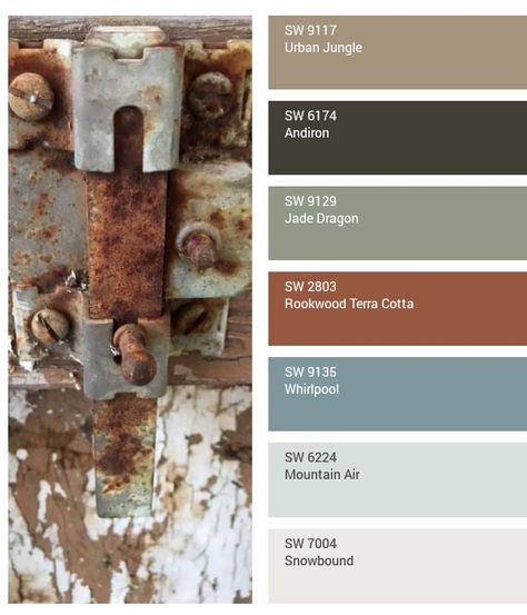 Rusty lock, reclaimed door, color inspiration, Sherwin Williams paint colors, open concept, home decor Industrial Farmhouse Wall Colors, Paint Colors That Open Up A Room, Rustic Room Paint Colors, Paint Ideas Open Concept, Open House Color Scheme, Whole House Paint Scheme Rustic Colour Palettes, Cabin Paint Palette, Cabin Color Pallette, House Paint Color Pallets