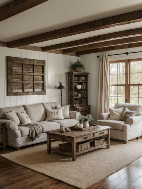 Cozy farmhouse living room ideas with rustic wooden accents, comfortable furniture, and a neutral color palette for a warm and inviting atmosphere. #BackyardIdeas #BackyardDesign Farm Living Room, Modern Victorian House, Cozy Farmhouse Living Room, Living Room Transformation, Rustic Farmhouse Living Room, Industrial Livingroom, Country Living Room, Room Transformation, Distressed Furniture