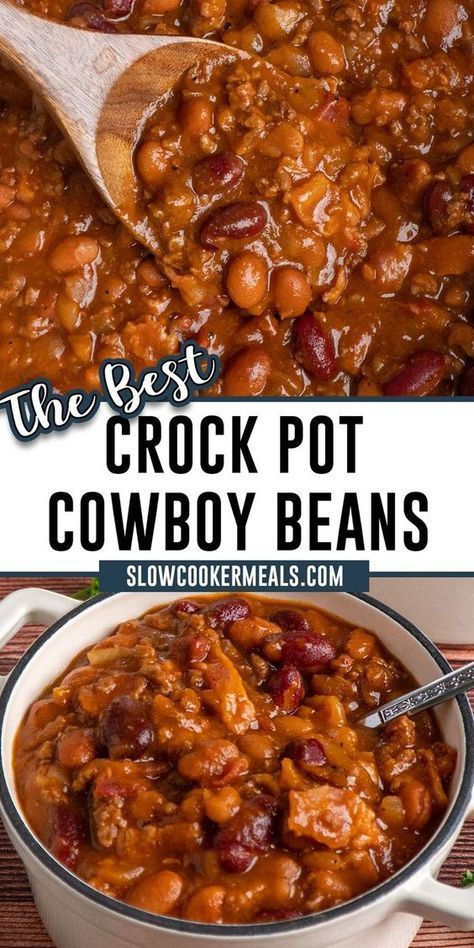 Sweet and savory flavors combine with hearty ground beef and beans for the perfect combination of flavor, texture, and aroma in this easy recipe for Crock Pot Cowboy Beans! Enjoy as a side dish for any BBQ or potluck! Baked Beans Recipe Crockpot, Baked Beans With Hamburger, Ground Beef And Beans, Beans Recipe Crockpot, Cowboy Baked Beans, Beef And Beans, Ground Beef Crockpot Recipes, Baked Beans Crock Pot, Crockpot Side Dishes