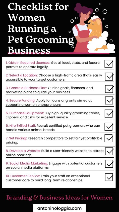 Essential Checklist for Women Running a Pet Grooming Business How To Start A Pet Grooming Business, Dog Grooming Business Plan, How To Start A Dog Grooming Business, Dog Grooming Salon Organization, Dog Grooming Business Ideas, Dog Grooming Rooms At Home, Diy Pet Grooming, Pet Grooming Salon Ideas Design, Dog Grooming Salon Ideas