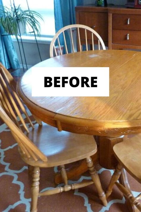 Upcycle Dining Table, Dining Table Makeover Ideas, Farmhouse Dining Table Makeover, Dining Table Makeover Diy, Table Makeover Ideas, Table Makeover Diy, Refinishing Kitchen Tables, Oak Table And Chairs, Painted Dining Room Table