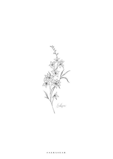 Floral Friend Tattoos, Delphinium Tattoo Design, Delphinium Tattoo Small, Larkspur Flower Tattoo Design, Birth Flower July Tattoo, Small Larkspur Tattoo, July Birth Tattoo, July Larkspur Tattoo, Flower Sister Tattoos