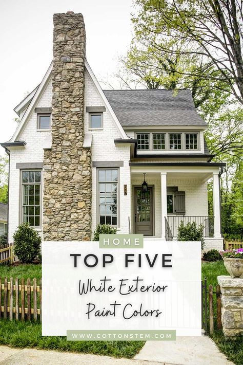 We wanted a saturated, creamy, warm white that felt like it could be found in nature as opposed to a cool or very bright white. White paint is so hard, you guys! Here are the 5 white exterior paint colors we tested, our observations about each one, and the final choice for our home! #exteriorpaintcolors #whitepaintcolors #whitehome White Paint For Brick Exterior, Colors That Go With Navajo White, White Concrete House Exterior, Light Cream Exterior House Colors, Alabaster Outdoor Paint, Cream Color Exterior House, Antique White House Exterior, Ballet White Exterior Paint, White Dove Sherwin Williams Exterior