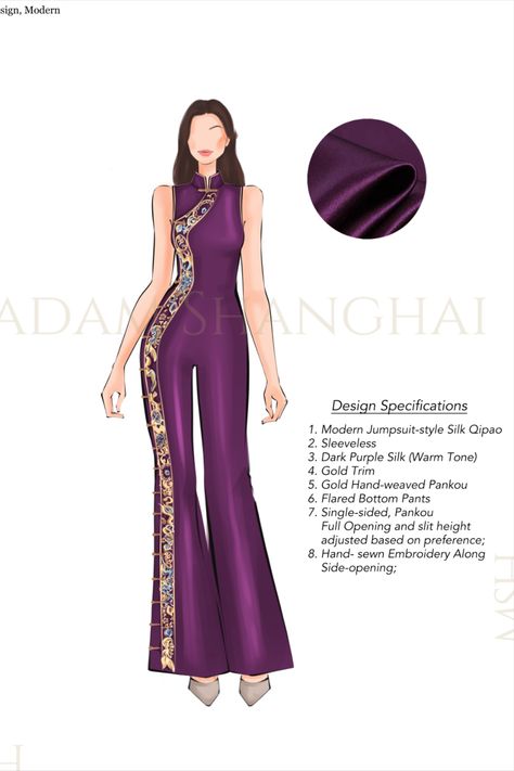 Purple modern Qipao Cheongsam dress jumpsuit with family motif hand embroidery, sleevesless, mandarin collar dress Qipao Crop Top, Qipao Drawing, Malaysia Nostalgia, Cheongsam Jumpsuit, Qipao Cheongsam Modern, Chinese Fashion Dress, Modern Cheongsam Top, Jumpsuit Batik, Batik Cheongsam