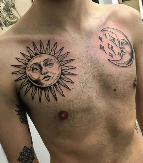 Large Sun And Moon Tattoo, Sun And Moon Shin Tattoo, Mexican Sun And Moon Tattoo, Sun And Moon Elbow Tattoo, Sun And Moon Tattoo Chest, Sun And Moon American Traditional Tattoo, Mens Moon Tattoo, Gothic Sun Tattoo, Sun And Moon Tattoo For Men