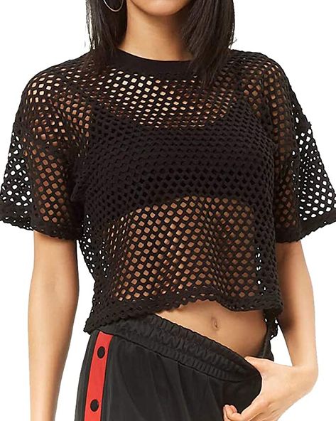 CLOZOZ Women's Mesh Net See Through Fishnet T-Shirt Crop Top (Small, Black) at Amazon Women’s Clothing store Fishnet Crop Tops, White Fishnets, Look Grunge, Mesh Cover Up, Fishnet Top, Black Mesh Top, T Shirt Crop Top, Mesh T Shirt, Mesh Shirt