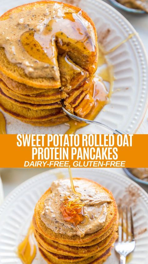 Healthy Sweet Potato Mash, Oat Protein Pancakes, Mashed Sweet Potato Recipes, Sweet Potato Protein Pancakes, Sweet Potato Tortilla, Sweet Potato Pancakes Recipe, Sweet Potato Rolls, Gluten Free Sweet Potato, Healthy Pancake Recipes