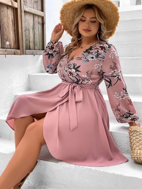 SHEIN VCAY Plus Floral Print Lantern Sleeve Wrap Belted Dress | SHEIN USA Couture, Plus Size Wedding Attire, Plus Size Wedding Attire Guest, Plus Size Shein Outfits, Plus Size Wedding Guest Outfit, Casual Wedding Outfit, Wedding Outfits For Women, Spring Wedding Guest Dress, Wedding Attire Guest
