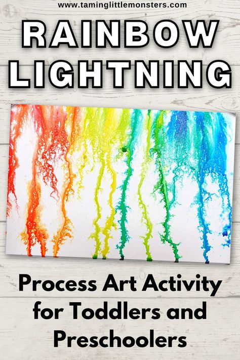 Rainbow Lightning is a fun and easy process art activity for kids. Great for weather or rainbow themed curriculums. #processart #artsandcrafts #preschool #kindergarten #weather #rainbows Rain Activity For Preschool, The Sky And Weather Theme Preschool Art Projects, Preschool Weather Art Activities, Thunderstorm Preschool Activities, Art Craft Activities For Preschool, Paint Samples Crafts Preschool, Preschool Rainbow Science, Rainbow Activity Kindergarten, Rain Crafts For Preschoolers