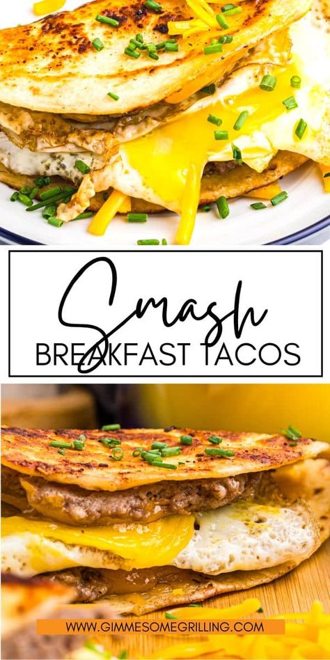 Fire up the Blackstone or your cast iron skillet and make these delicious Smash Breakfast Tacos! A crispy tortilla with a sausage patty and cheese. These easy breakfast tacos are delicious and so easy to make. Easy Dinner Ideas Blackstone, Black Stone Breakfast Tacos, Tacos On Grill, Food For Blackstone, Breakfast Tacos Blackstone, Smash Breakfast Taco, Breakfast Ideas For Blackstone, Breakfast On A Griddle, Breakfast Ideas Skillet