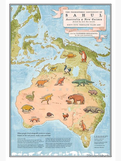 "The prehistoric continent Sahul and the vanished ice age megafauna" Art Print by morden | Redbubble Prehistoric Animals Art, Megafauna Art, Spec Evo, Prehistoric Age, Map Of Australia, History Of Earth, Australia Art, Geography Map, Prehistoric World