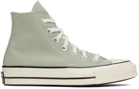 High-top canvas sneakers in green. Faux-leather logo patch at inner side. · Round rubber cap toe · Lace-up closure · Eyelets at inner side · Canvas lining · Padded OrthoLite® footbed · Textured rubber midsole · Treaded rubber outsole · Contrast stitching in white Supplier color: Summit sage/Egret/Black Couture, Green Chuck 70, Sage Green Converse, Converse Green, Green Converse, Sport Shoes Men, Black Converse, Green Sneakers, Cute Sneakers