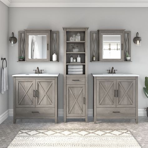 The Bush Furniture Key West 64W Double Vanity Set with Sinks, Medicine Cabinets and Linen Tower is a perfect way to outfit your home in authentic farmhouse style. Medicine Cabinets, Cabinets With Crown Molding, Tall Bathroom Storage Cabinet, Tall Bathroom Storage, Wall Mounted Medicine Cabinet, Grey Bathroom Vanity, Gray Vanity, Gray Bathroom, Set Bedroom