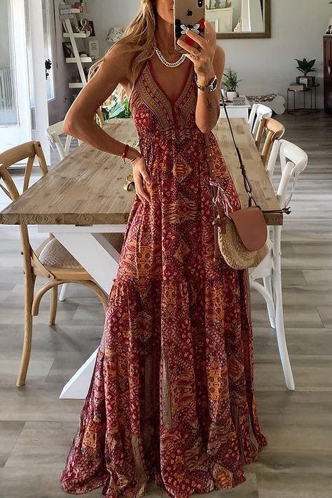 Exquisite Dress Bohemian Print Dress, Look Boho Chic, Airy Dress, Womens Long Dresses, Floral Dress Casual, Long Red Dress, Styl Boho, Bohemian Print, High Waist Dress