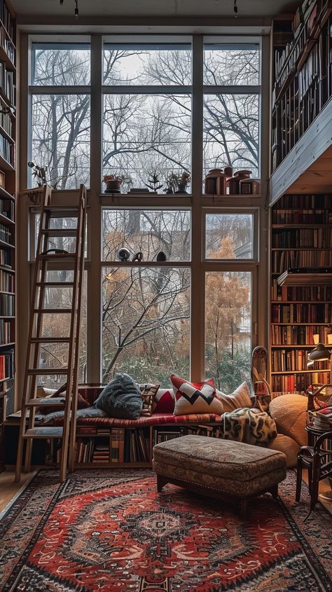 Cozy Reading Nook: A warm and inviting reading space with towering bookshelves, large windows, and comfortable seating arrangement. #library #bookshelves #window #cozy #reading #aiart #aiphoto #stockcake ⬇️ Download and 📝 Prompt 👉 https://ayr.app/l/rkpf Living Room Window Nook, Room With Forest View, Library With Couch, Basement Reading Nook, Bookcase Window, Bookshelves Window, Reading Nook Window, Outdoor Reading Nooks, Writing Nook