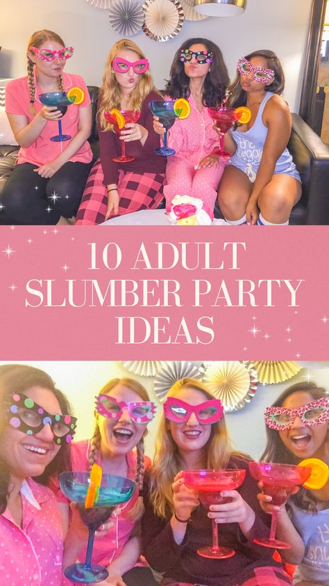 50th Birthday Slumber Party Ideas, Woman Slumber Party Ideas, Women’s Sleepover Ideas, Women’s Slumber Party Ideas, Women’s Slumber Party, Pajama Cocktail Party, 30th Sleepover Party, Pajama Party For Adults, Pajama Theme Party For Adults