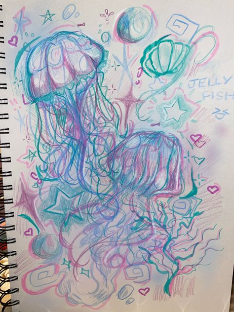Y2k Drawing Aesthetic, Jellyfish Drawing Colorful, Jelly Fish Art Drawing, Funky Sketchbook Ideas, Jelly Artstyle Traditional, Gel Pen Drawings Ideas, Sketchbook Practice Ideas, Jelly Fish Drawing Aesthetic, Summer Theme Drawing