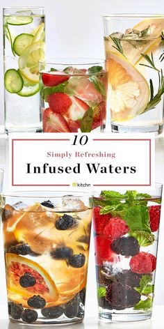 10 quick, easy, and simple refreshing infused waters. Need recipes, ideas, and tips to drink more water?These flavored waters will help you stay hydrated through the upcoming hot summer months. You can never have too many summer drink recipes! Great for a water bar cart for parties, or for weightloss. Made with fruit and herbs. Non alcoholic! Infused Water, Fruit Water Recipes, Herb Infused Water, Infused Waters, Fruit Infused Water Recipes, Flavored Water Recipes, Lemon Detox Water, Lemon Diet, Summer Drink Recipes