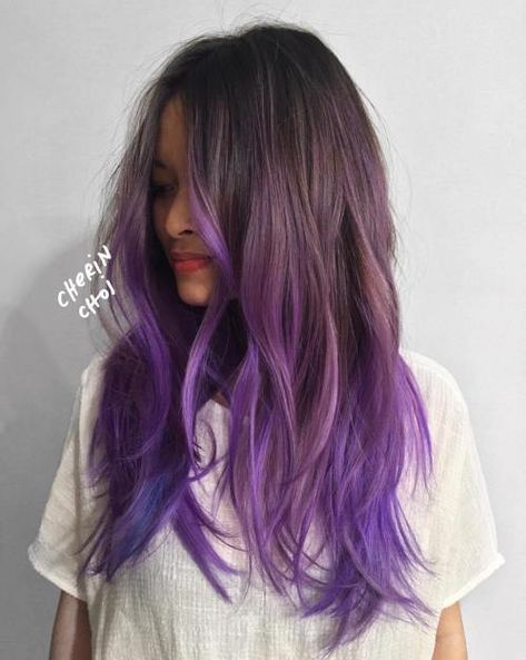bright purple hair color Bright Purple Hair Color, Lavender Hair Ombre, Bright Purple Hair, Balayage Hair Purple, Purple Hair Highlights, Hair Rainbow, Purple Ombre Hair, Dyed Hair Pastel, Brown Ombre Hair