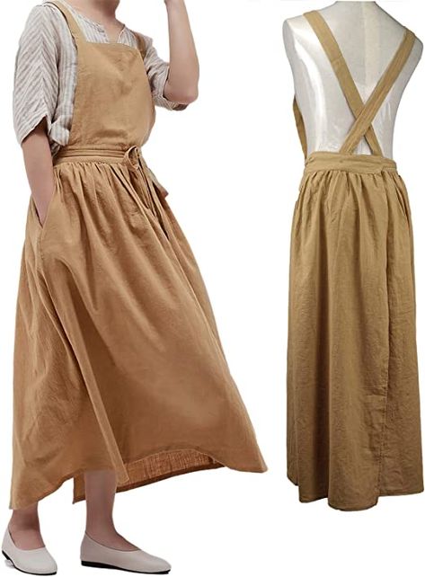 Amazon.com: Pleated Cotton Long Apron X Back Kitchen Garden Florist Work Clothes Bib Dress (beige, 38.5x34.6in) : Home & Kitchen Flower Shop Owner Outfits, Cottage Core Apron, Florist Outfit, Gardener Outfit, Garden Clothes, Gardening Clothes, Baker Clothes, Florist Apron, Renn Faire