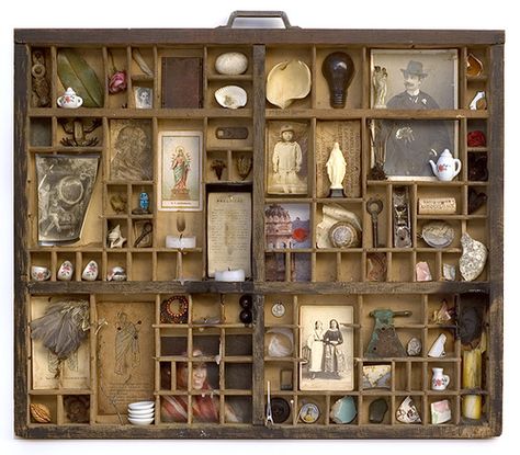 Cemeteries Ghosts Graveyards Spirits:  An old printer's type tray employed as a hanging Ancestor Altar. Assemblage Art, Printers Drawer, Printers Tray, Cabinet Of Curiosities, Shadow Boxes, Found Object, Displaying Collections, Box Art, Altered Art