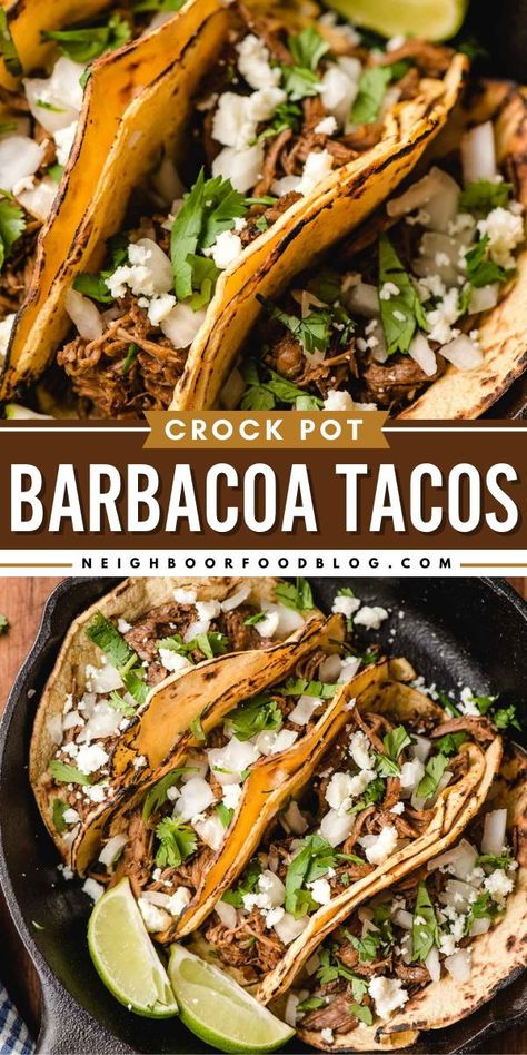 Your new favorite main dish! Fall-apart tender, juicy, and rich in flavor, these Crock Pot Barbacoa Tacos are just perfect. Check out other ways to serve this slow cooker shredded beef for a dinner idea for tonight! Slow Cooker Barbacoa Tacos, Slow Cooker Beef Tacos Recipes, Barbacoa Crock Pot Tacos, Crock Pot Beef Barbacoa, Best Barbacoa Crock Pot, Barrio Tacos Recipe Crockpot, Barbacoa Tacos Crockpot, Crockpot Beef For Tacos, Pork For Tacos Slow Cooker