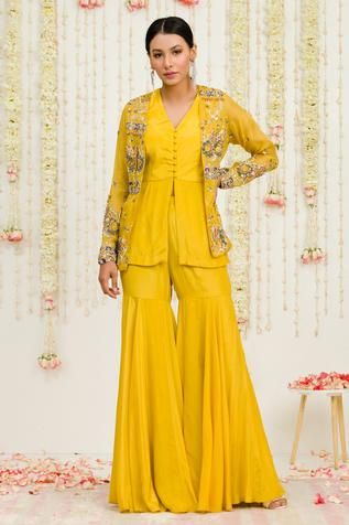 Shop for Sanya Gulati Yellow Shantoon Embroidered Jacket And Sharara Set for Women Online at Aza Fashions Mustard Jacket, Organza Jacket, Indian Bridesmaids, Sharara Set, Indian Fashion Designers, Indian Designer Outfits, Designs For Dresses, Embroidered Jacket, Feminine Beauty