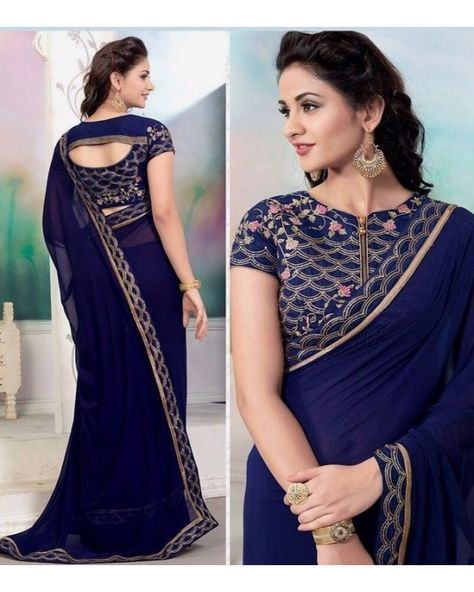 Blue georgette embroidered partywear saree Saree Blouse Models, Indian Blouse Designs, Sari Design, Blouse Designs Catalogue, Saree Blouse Neck Designs, Sari Blouse Designs, Blouse Designs Indian, Indian Saree Blouses Designs, Silk Saree Blouse Designs