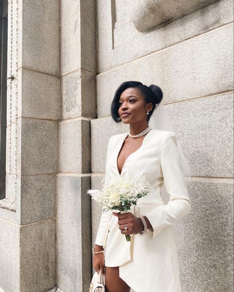 Black bride | silk press | natural hair | alt bride | bridal bouquet | Zara blazer dress | pearls Classy Courthouse Wedding Dress, Blazer Wedding Dress The Bride, Simple Civil Wedding Dress Courts, Blazer Wedding Dress, Courthouse Dress, Courthouse Wedding Outfit, December Elopement, Civil Wedding Dresses Courts, Zara Blazer Dress