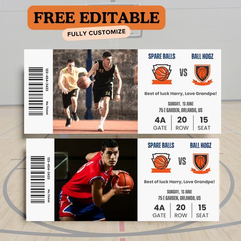 Sports Ticket Design, Fake Ticket, Ticket Invitation Template, Basketball Tickets, Sports Lover Gifts, Change Logo, Event Tickets, Ticket Design, Add Photo