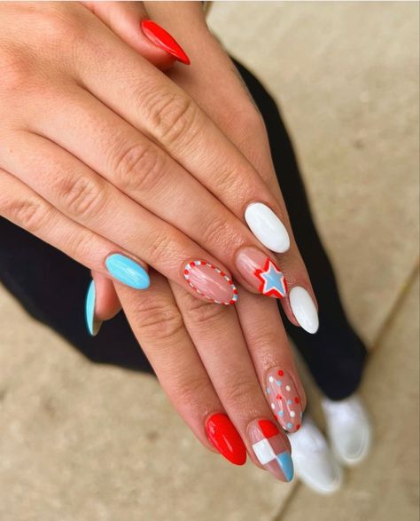 4th Of July Nails Trendy, Summer Bright Nails 2023, Super Fun Nails, Vintage Nail Art Ideas, Red Designs Nails, 4th Of July Nails Blooming Gel, Orange And Yellow Nails Summer, Pink Blue Orange Nails, Colorful Checkered Nails