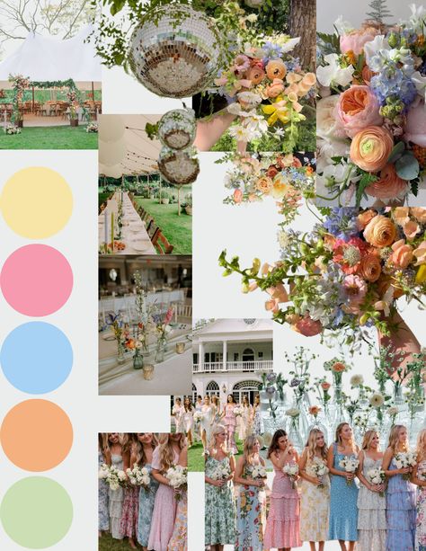 Vibrant Pastel Wedding, Multicolor Pastel Wedding, Wedding Ideas Pastel Colors, Wedding Colour Schemes Pastel, Colourful Spring Wedding, Wild Flower Beach Wedding, Spring Colored Wedding, Extra Wedding Ideas, Different Color Bridesmaid Dresses Spring