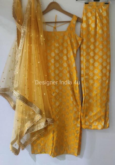 This is a made to order Straight Silk Suit with Pant. Fabric: Pure Banarsi Brocade Silk Kameez Bottom: Is straight pant made in Pure Banarsi Brocade Silk. Dupatta: Beautiful sequence work Net with Lace Borders. I craft it exclusively for my customers by using designer fine quality fabrics. I Brocket Suit Design With Pant, Yellow Banarsi Suit, Banarsi Salwar Suit Design, Yellow Silk Suit Designs, Net Suits Design Indian Straight, Yellow Punjabi Suit For Haldi, Straight Suits With Pants Indian, Punjabi Silk Suits, Yellow Suits Punjabi For Haldi