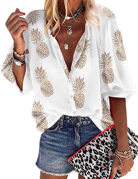 Half Sleeves, Casual Long Sleeve Shirts, Estilo Chic, Pineapple Print, Loose Fitting Tops, Blouse Shirt, Casual Blouse, Sleeves Pattern, Lapel Collar