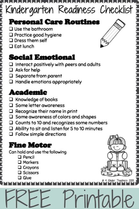 Is your child getting ready for Kindergarten? As kindergarten teachers, we know there are certain skills children need to help them feel comfortable and confident in school. Use our FREE Kindergarten Readiness Checklist to make sure your child is ready for school! Teachers, print this out for your incoming parents! #kindergarten #kindergartenreadiness #readyforkindergarten #readyforschool #kindergartenreadinesschecklist #kindergartenreadinesschecklistfreeprintable #readyforschoolchecklist Get Kindergarten Ready, Kindergarten Need To Know, School Readiness Checklist, Prek Assessment Checklist, Summer Kindergarten Prep Free Printable, Kindergarten Checklist For Parents, Prek Skills Checklist, Pre K Readiness Checklist, Kindergarten Prep Checklist