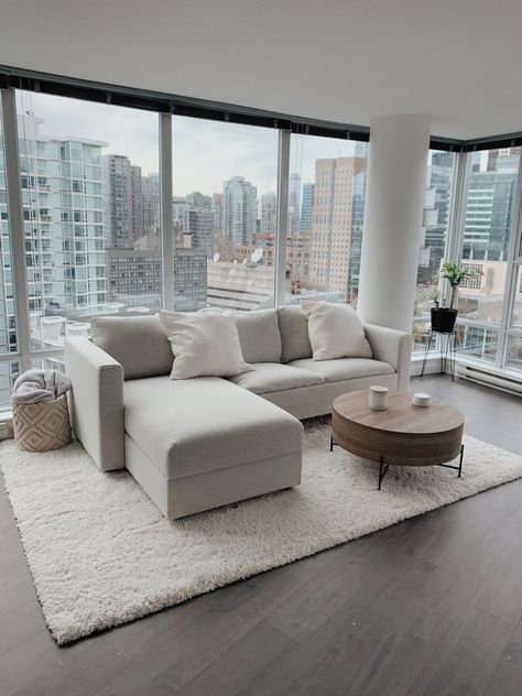 Downtown apartment City High Rise Apartment, Dream Condo Aesthetic, Apartment With View Of City, Apartments With High Ceilings, Cozy Downtown Apartment, Boston Luxury Apartment, Minimalist City Apartment, Seattle Living Room, Toronto Condo View